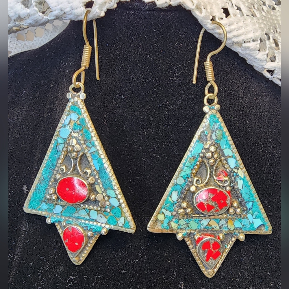 Tibetan triangle-shaped dangle earrings